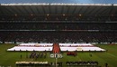 The teams line up for the anthems at Twickenham