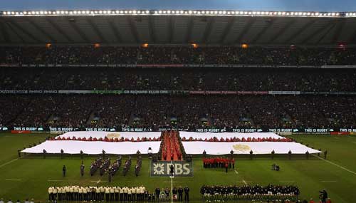 The teams line up for the anthems at Twickenham