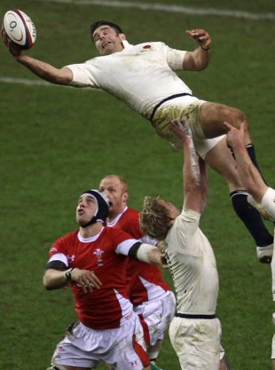 England's Nick Easter reaches for a line out against Wales in their Six Nations clash at Twickenham, London, England, February 6, 2010