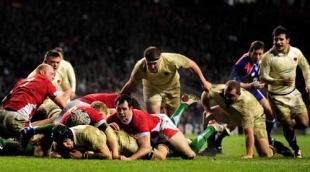 England's James Haskell scores their second try against Wales at Twickenham, London, England, February 6, 2010