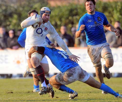 England Saxons' Dave Attwood  takes on Italy 'A'