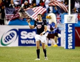 The USA's Zachary Test celebrates a try during victory over France, IRB Sevens World Series, Las Vegas, Sam Boyd Stadium, February 14, 2010