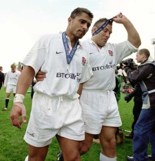 Jason Robinson and Jason Leonard trudge from the field, Ireland v England, Six Nations, Lansdowne Road, October 20, 2001