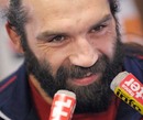 France's Sebastien Chabal smiles while talking to the media