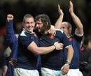 France's Imanol Harinordoquy and Lionel Nallet celebrate their victory over Wales