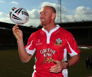 Wales' record caps-holder Gareth Thomas is unveiled as a Crusaders rugby league player at The Racecourse Ground, Wrexham, March 5, 2010