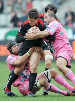 Toulouse's Yannick Jauzion is tackled by Stade Francais' Tom Palmer and Rodrigo Roncero, Stade Francais v Toulouse, Top 14, Stade de France, Paris, France, March 6, 2010