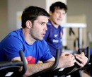 France scrum-half Dimitri Yachvili rides an exercise bike