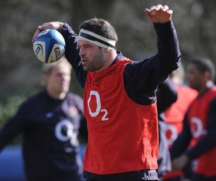 England flanker Joe Worsley warms up during training at Pennyhill Park Hotel, Bagshot, March 9, 2010